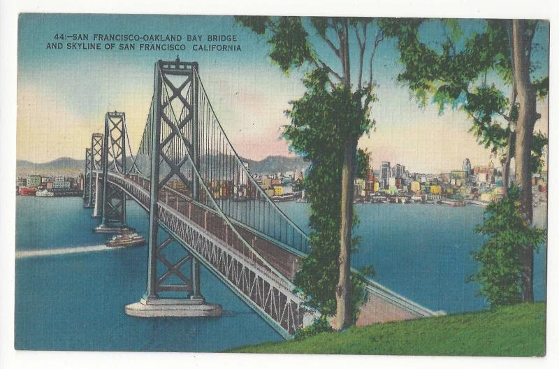 CA San Francisco Oakland Bay Bridge Skyline Vintage Metrocraft Linen Postcard