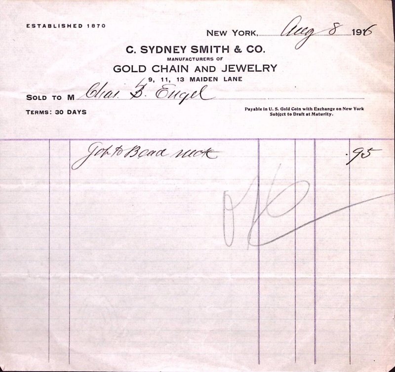 1916 NEW YORK C. SYDNEY SMITH & CO GOLD JEWELRY MAIDEN LN BILLHEAD INVOICE Z165