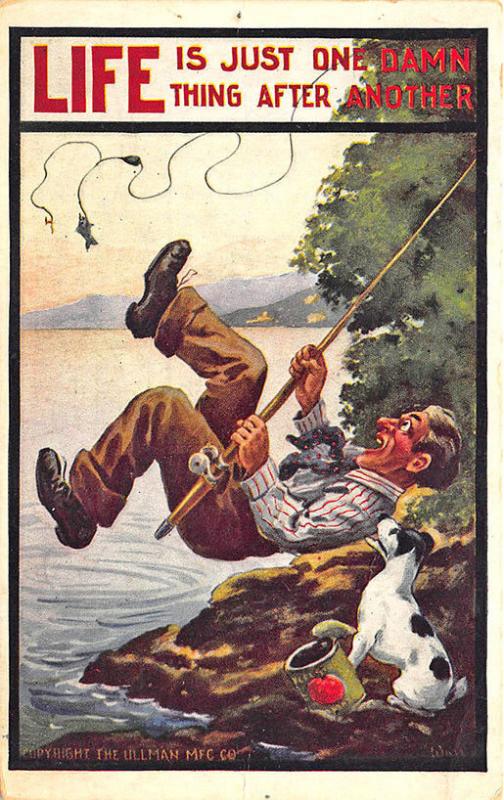 Bernhardt C. Wall Signed Man Fishing w/Dog Comic Postcard