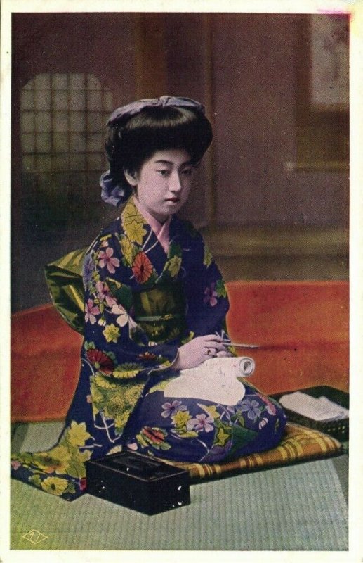 japan, Beautiful Geisha Lady writing a Letter (1920s) Postcard 