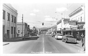 Arlington WA City Hall Business District Bank Drug Stores Old Cars etc. RPPC