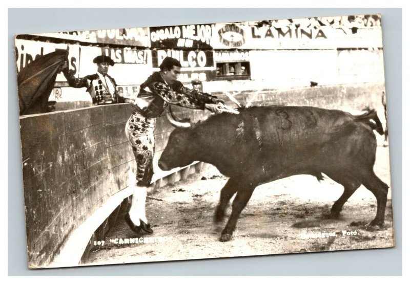 Vintage 1950's Photo Postcard Matador Being Gored Monterrey Mexico 
