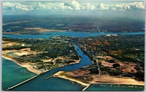 Manistee Michigan Air View River Divides City &Connects The Two Lakes Postcard