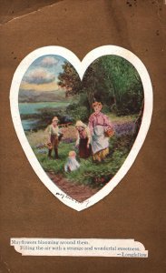 VINTAGE POSTCARD FAMILY IN FIELD WITH LONGFELLOW QUOTE GOLD TINTED c. 1910 FAULT