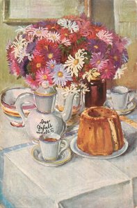 B580 Coffee Table Teapot Cake Flowers Vase Still Life Painting Art Postcard 1931