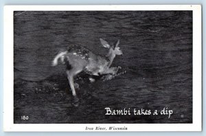 Iron River Wisconsin Postcard Bambi Takes A Dip Bathing Deer Animal 1940 Vintage