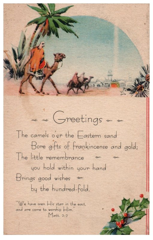 1930s Christmas Nativity Camels Palm Trees Holly Vintage Greeting Postcard