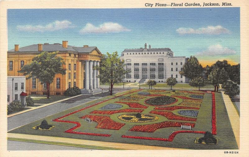 Jackson Mississippi~City Plaza-Floral Garden~Government Buildings~1940 Postcard