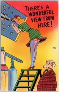 Man Staring At The Woman's Skirt Ther's A Wonderful View Here Comic Postcard