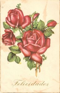 Beautiful red roses and buds Old vintage Spanish, artist drawn,  postcard