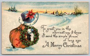 M Dulk Christmas~Fur-Trimmed Bonnet Girl Carries Holly Wreath In Snow~c1914 IPCC