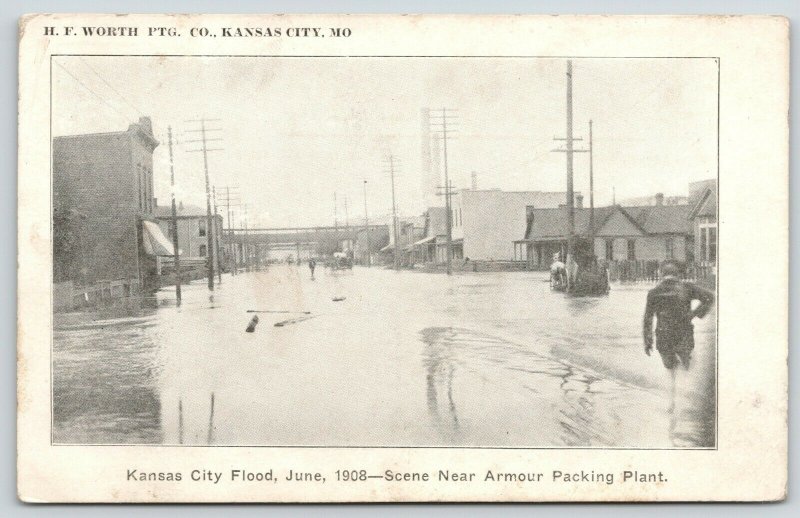 Kansas City MO~Armour Packing Plant~Business~Wagons in Deep~1908 June Flood PC