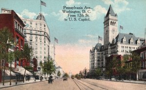 Vintage Postcard Pennsylvania Ave. Washington DC From 12th Street To US Capitol