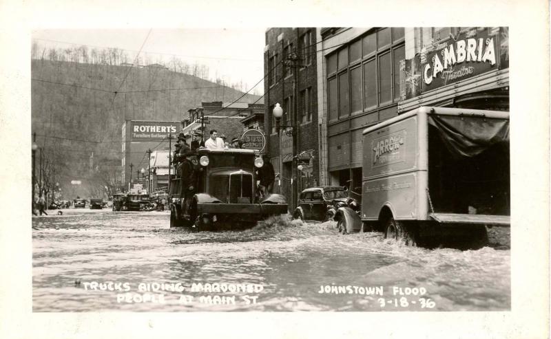 PA - Johnstown. March 18, 1936 Flood. Main St, Trucks Aiding Marooned People ...