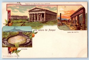 Campania Italy Postcard Temple Theaters Greetings from Pompeii c1905 Multiview