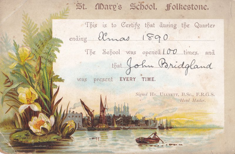 St Marys School Folkestone Kent Fishing Boat 1890 Attendance Card