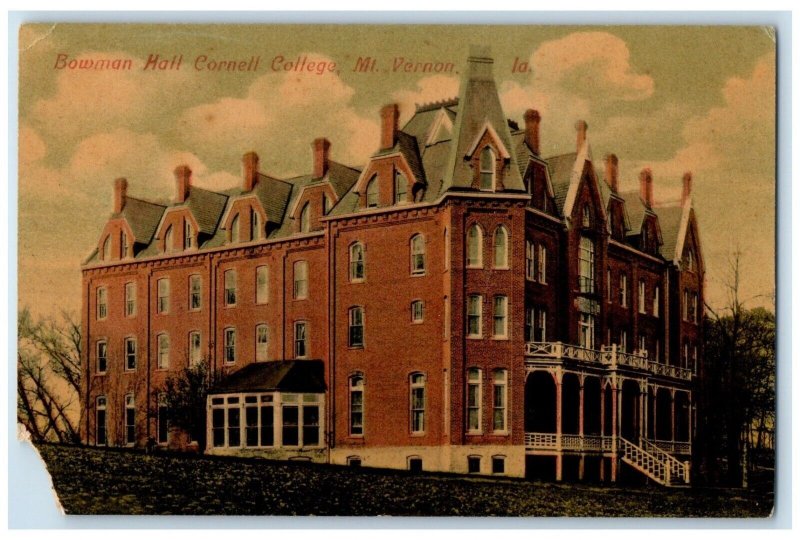 c1910 Bowman Hall Cornell College Exterior Building Mt. Vernon Iowa IA Postcard