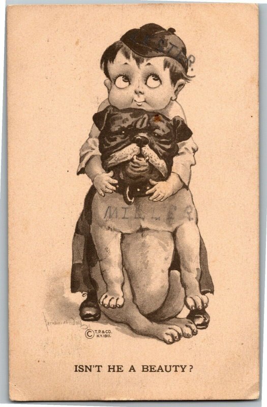 Boy Showing Off Bulldog He's a Beauty Artist Bernhardt Wall c1911 Postcard A29