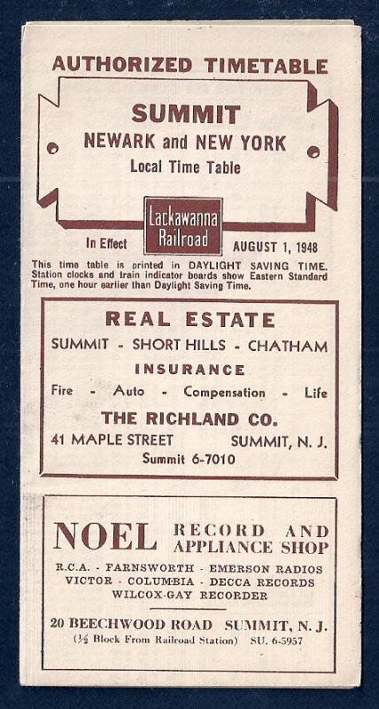 LACKAWANNA Railroad Timetable Newark NJ to Summit NY c1948