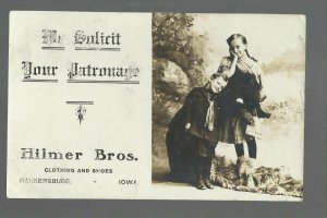 Parkersburg IOWA RPPC c1910 ADVERTISING Hilmer Bros. GENERAL STORE Kids & BEAR