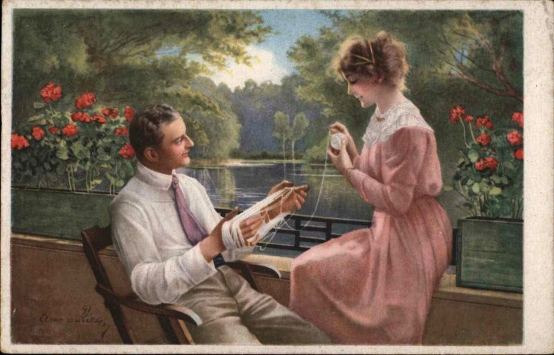 Beautiful Woman Handsome Man Romance Yarn Wenau Delila Postcard c1910