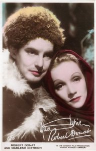 Robert Donat & Marlene Dietrich Tinted Hand Coloured Photo Postcard