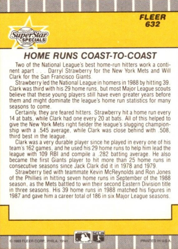 1989 Fleer Baseball Card Homerun Stars Darryl Strawberry & Will Clark sun0657