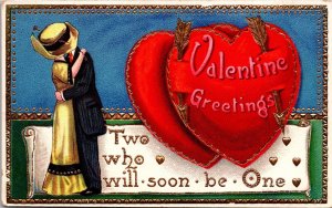 Gel Valentine Postcard Man and Woman Kissing Behind a Large Hat Heart Arrows