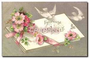 Old Postcard Fantasy Flowers Doves Happy Year