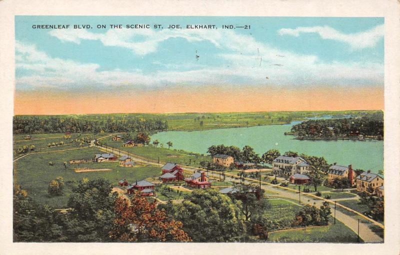 ELKHART, IN Indiana  GREENLEAF BLVD BOULEVARD~St Joe River~HOMES  1930 Postcard