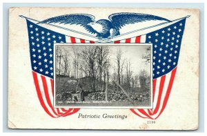 Early Patriotic Greeting Postcard The Old Oaken Bucket Bedford Hills NY US Flag