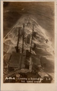 U.S. Navy Ship Chasing a Submarine Full Speed Ahead RPPC Postcard Z12