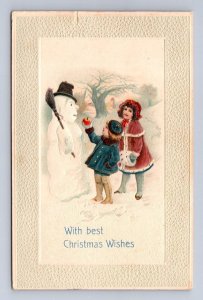 CHRISTMAS HOLIDAY SNOWMAN BROOM HAT APPLE CHILDREN EMBOSSED POSTCARD 1911