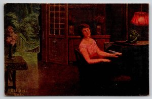 Moonlight Sonata Woman at Piano Erpaco Hamburg Oleograph Style Postcard L47