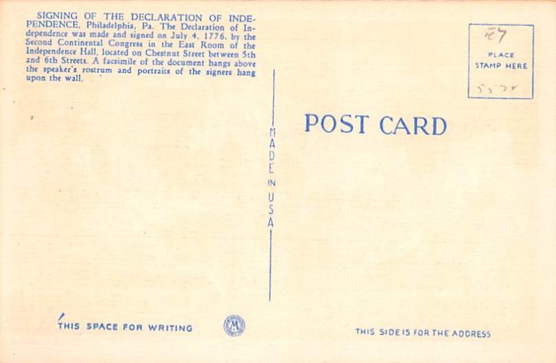 Colonial Post Card Old Vintage Antique Postcard Signing of the Declaration of...