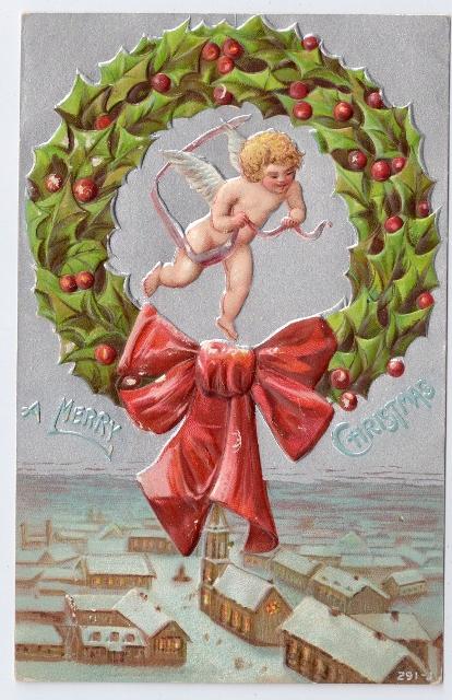 Vintage Christmas Postcard Cherub Angel in Holly Wreath Embossed Silver ca 1907