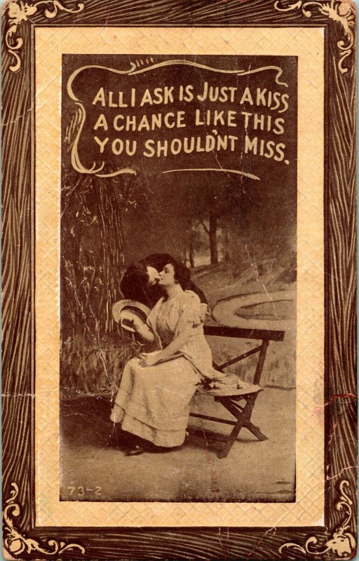 1911 Postkarte - Romanze -all I Ask Ist Nur Ein Kiss Kunst Holz Rahmen Sepia Mit
