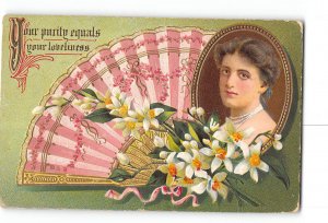 Romance Love Embossed Gold Enhanced Postcard 1907-1915 Pretty Woman Floral Fan