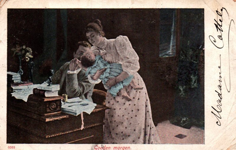 Good Morning - Mother & Father with Child - 1902 --Vintage Postcard