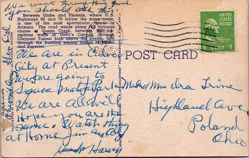 Postcard HIGHWAY SCENE Between Globe & Phoenix Arizona AZ AK7555