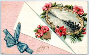 Postcard - Loves Token with Flowers Ribbon Embossed Art Print