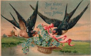 Vintage Postcard 1907 Best Wishes For A Happy Birthday Forget Me Not Bird Basket