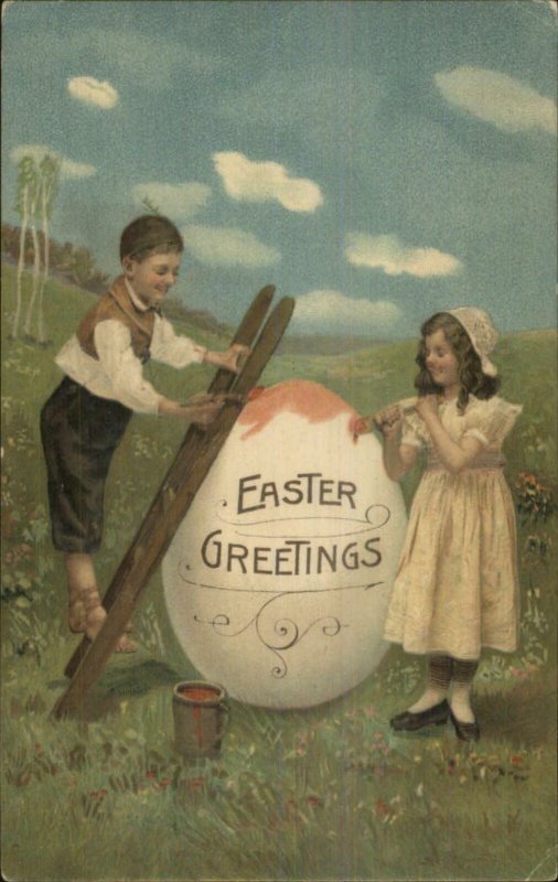 Easter - Boy & Girl Painting Giant Egg c1910 Postcard
