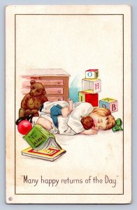 J98/ Teddy Bear Interesting Postcard c1910 Child Blocks Books 315