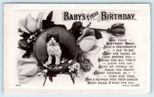 RPPC  BABY'S FIRST BIRTHDAY Embossed Border CAT & ROSES 1930? Postcard