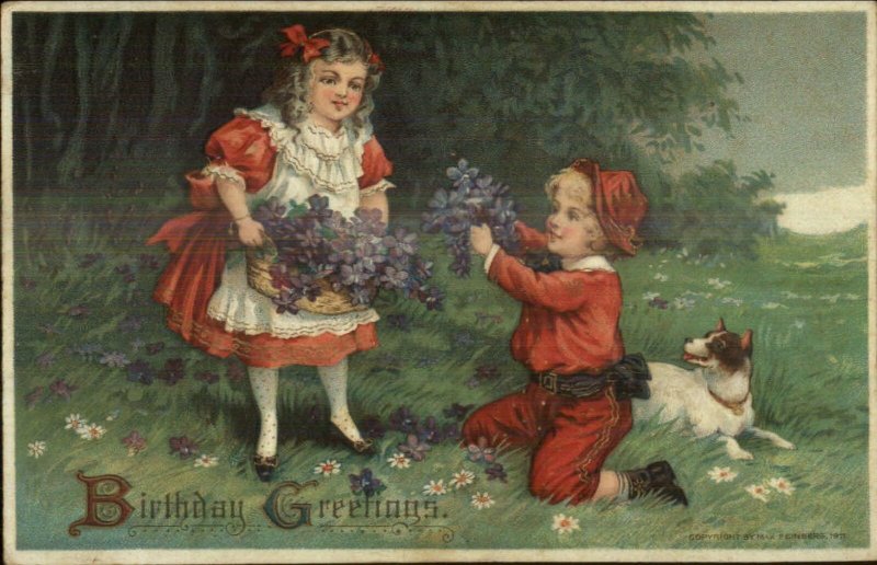 Birthday - Boy & Girl Red Outfits Dog Flowers Feinberg 1911 Postcard 