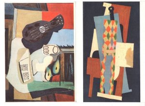 Picasso Guitar Glass & Fruit Dish Harlequin 2x Painting Postcard s
