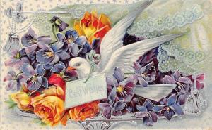 White Dove~Lace Curtain~Yellow Roses~Violets~Silver Filigree~Emboss​~1620c 