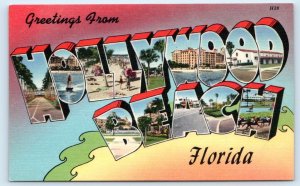 Large Letter Linen HOLLYWOOD BEACH, Florida FL ~ c1940s Tichnor Postcard