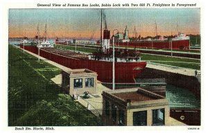 Famous Soo Locks Sabin Lock Freighters Sault Ste. Marie Michigan Postcard L11